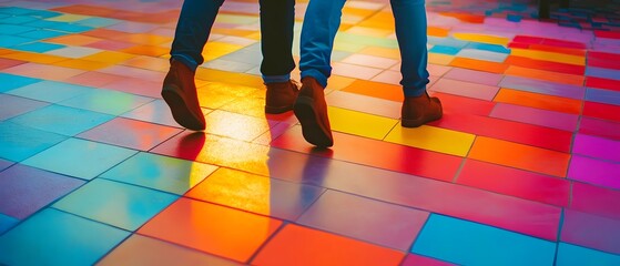 Vibrant geometric mosaic floor tiles backdrop with a bold colorful gradient pattern  The abstract contemporary design features a dynamic eye catching visual composition perfect for creative projects