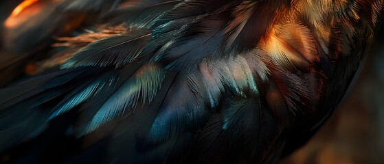 Fototapeta premium Mesmerizing Abstract Feather Plumage in Vibrant Colorful Texture and Pattern Closeup of soft fluffy and delicate feathers in a dynamic blurred and ethereal composition with a dark dramatic