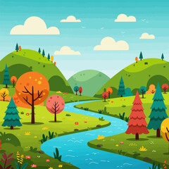 Naklejka premium Scenic River Flowing Through Green Hills with Trees and Clouds