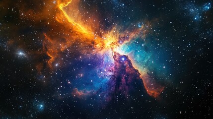 Fototapeta premium Cosmic Explosion of Colorful Nebula Against a Starry Background in the Dark Vastness of Space, Vibrant Hues of Orange, Blue, and Purple Showcase Nature's Beauty and Mystery