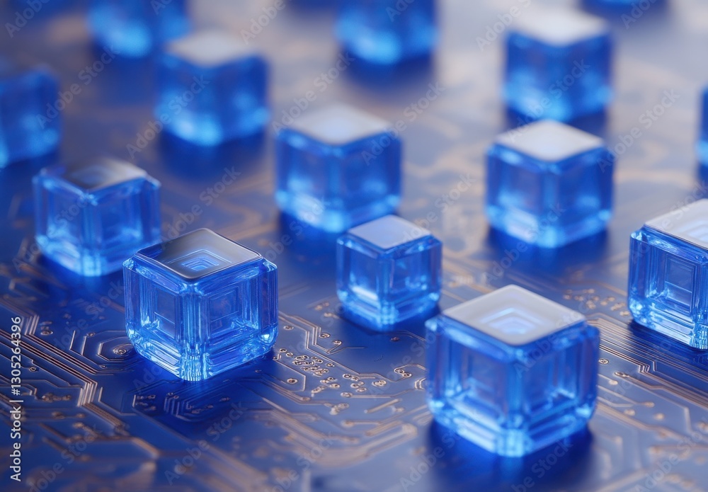 Poster blue transparent cubes on a circuit board background with technology theme and abstract design eleme