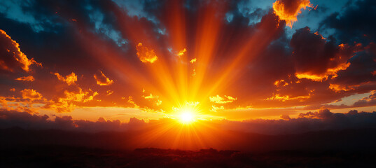 Obraz premium a vibrant sunrise with rays of golden light piercing through the clouds,