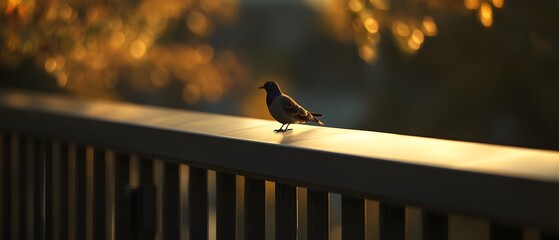 Lone bird perching on a rustic weathered branch against a warm glowing autumn sunset  The bird s silhouette is highlighted by the dramatic atmospheric lighting creating a peaceful