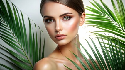 Fototapeta premium A high-end beauty portrait featuring a woman with luminous skin, softly framed by gentle palm leaves. The neutral background and elegant composition make it perfect for premium skincare advertisements