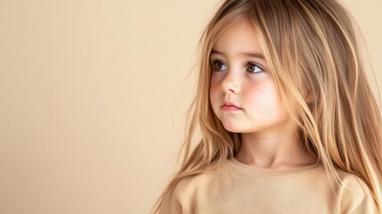 Fototapeta premium Disappointed little girl looking sideways, slight frown, quiet frustration, warm beige background, plenty of space for text.