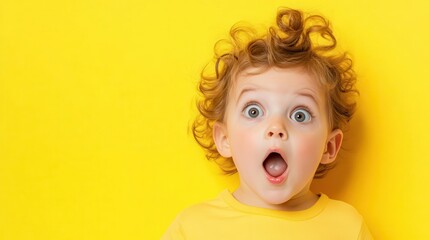 The child gazing up in wonder, eyes sparkling with curiosity, filled with innocent excitement, against a soft pastel yellow backdrop, with room for text.