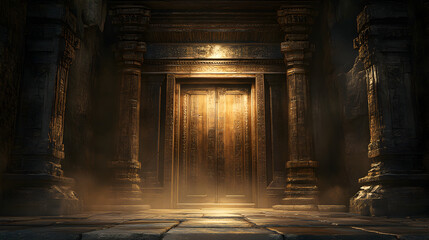 Fototapeta premium temple doorway with wooden doors slightly ajar revealing a dimly lit sacred space inside 