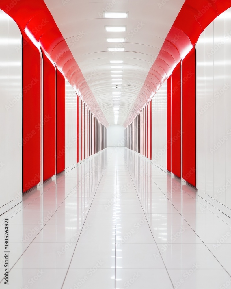 Poster Minimalist Data Center Corridor Cutting-Edge Cloud Infrastructure Visualizing Digital Transformation with Bold Red and White Architectural Symmetry