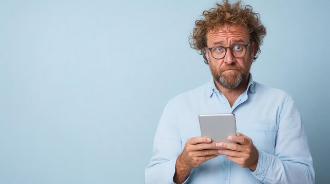 Busy professional multitasking, holding phone and tablet, slightly stressed but focused, office setting, cool-toned background, copy space