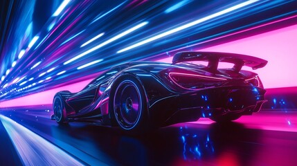 Sleek Black Sports Car in Neon Light with Motion Blur Effect