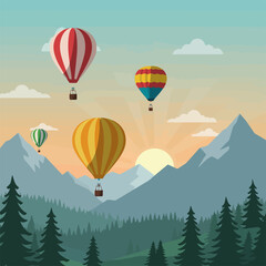 Fototapeta premium Hot Air Balloons Floating Over Mountain Landscape at Sunrise Graphic