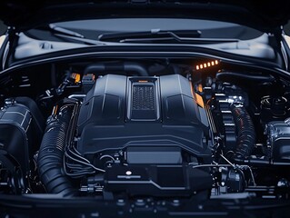 Obraz premium Sleek Modern Engine Design Under the Hood of a Luxury Vehicle