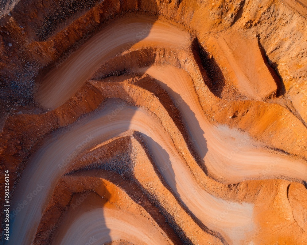 Poster modern geological landscape aerial view of terracotta open-pit mine with spiral roads - resources an