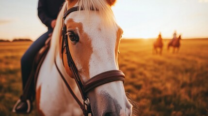 Obraz premium Golden Hour Equestrian Wellness-Inspired Horse Capturing Serene Countryside Mindfulness and Authentic Outdoor Connection