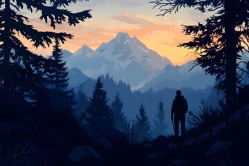 Silhouette of a male tourist on the background of a mountain landscape, illustration