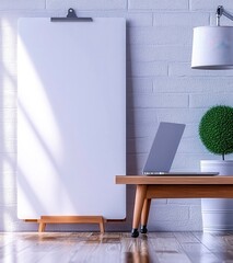 Bright Modern Workspace with Clip Board and Laptop on Wooden Desk