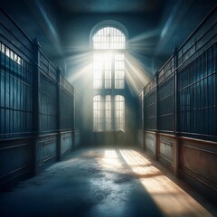 Fototapeta premium old grunge empty abandoned jail cell with sunlight streaming through bars
