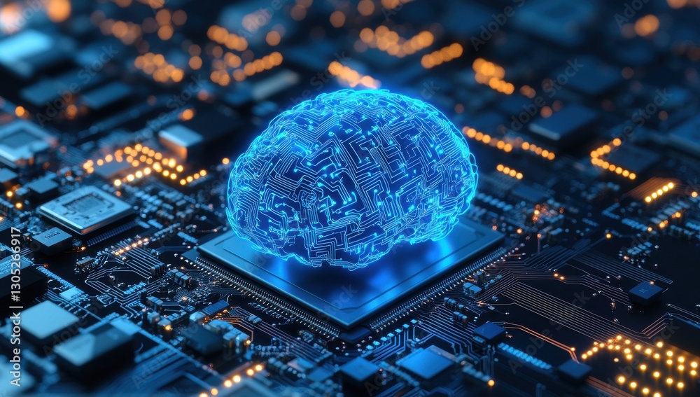 Poster bright blue digital brain over circuit board with glowing elements representing artificial intellige