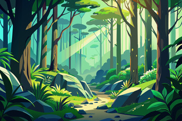 Obraz premium Lush Green Forest with Sunlight Rays - Vector Nature Illustration