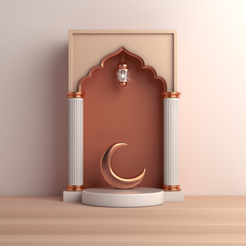 Islamic display podium decorative arch background with lantern and crescent, Ramadan Kareem eid al fitr adha, muharram, 3D illustration.	