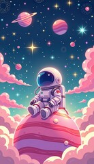 Astronaut Sitting on a Colorful Planet Surrounded by Stars and Clouds