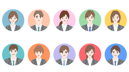 Circle icons of smiling young man and woman in suits
