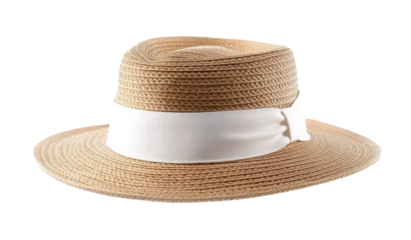 Stylish straw hat with white band in beige and light brown design, perfect for summer outings and sunny beach days