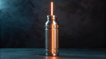 Naklejka premium Mockup of a metallic bottle with a glowing straw on a dark background