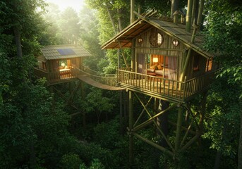 A bamboo treehouse with a rope bridge, solar lighting, and natural ventilation.


