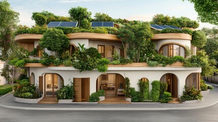 Fototapeta premium Modern eco-friendly house with lush greenery and solar panels