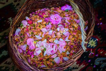 Close-up of a wicker basket filled with fresh and dried pink rose petals at a traditional Bulgarian...