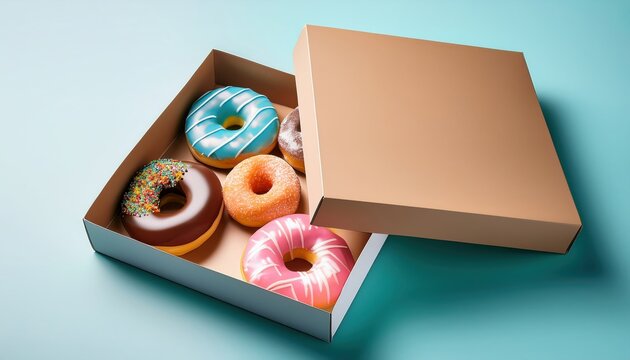 Branded donut box mockup, slightly open to reveal colorful, glazed treats inside, arranged neatly with playful icing and sprinkles.
