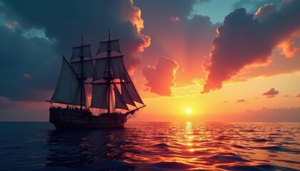 Fototapeta premium Silhouette of sailing ship against dramatic sky, sky, vector, sunset
