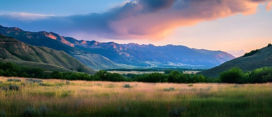 Fototapeta premium Majestic mountain range basking in the warm glow of a breathtaking sunset a serene and cinematic landscape showcasing the beauty of nature s grandeur