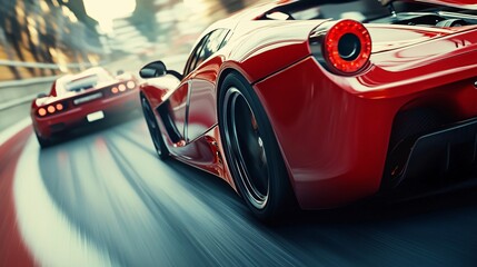 Naklejka premium Dynamic Race Scene with Two Red Sports Cars in Motion