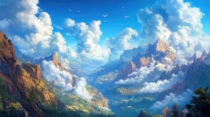 Majestic Mountain Landscape with Dramatic Clouds and Serene Valley Under a Bright Blue Sky Ideal for Nature Lovers and Outdoor Adventurers