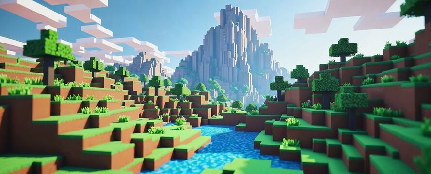 Photorealistic voxel game environment with distinctive geometric design
