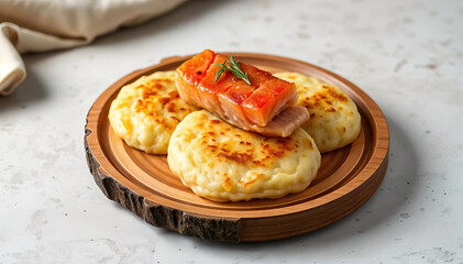 Savory cakes topped with salmon and garnished with rosemary on wooden platter for delicious meal
