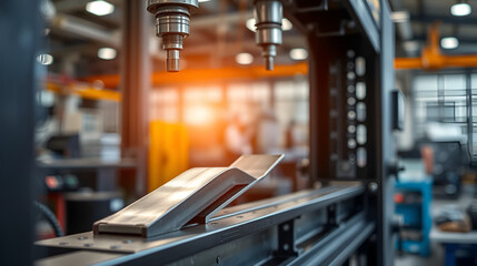 Metal products being bent on a bending machine, symbolizing precision and industrial transformation. A factory setting with a blurred modern background representing innovation and progress in manufact