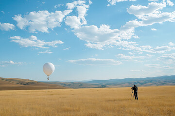A meteorologist launching a weather balloon in a field, anticipation.