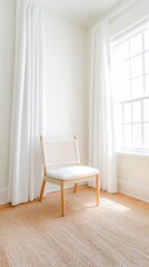 Fototapeta premium Minimalist Scandinavian Interior Design Serene Natural Light Wooden Chair Showcasing Elegant Simplicity in Modern Home Decor and Lifestyle Aesthetics