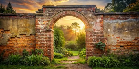 Obraz premium Serene Sunset View Through an Old Brick Archway in a Lush Garden