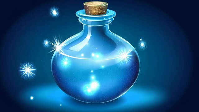 Magic potion in a glass bottle with sparkling blue liquid glowing in a dark background