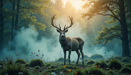Majestic stag standing in mystical glade at dawn, enchanting nature