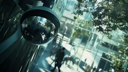 Security camera capturing workers walking through sunlit atrium with glass walls green trees reflecting technological surveillance urban workplace environment Concept criminal security and data - Powered by Adobe