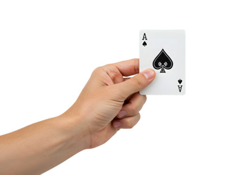 Hand Holding Ace of Spades Card Isolated on White Background for Gambling, Casino, and Playing Card Themes