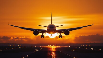 Airplane Landing at Sunset with Stunning Colorful Sky Background