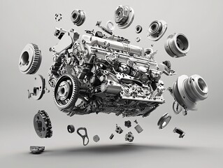 Disassembled Engine Parts in Dynamic Flying Arrangement against Gray Background