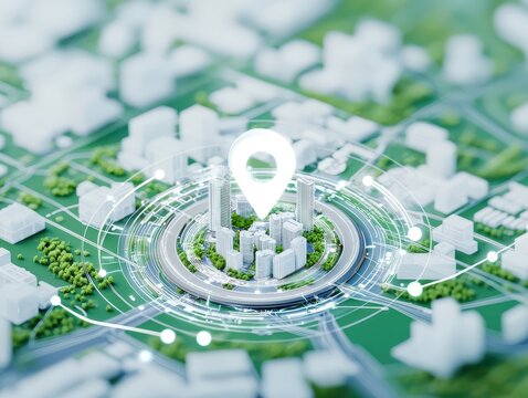 Development, resources, and implementation. 3D city map with location pin highlighting urban development and connectivity.