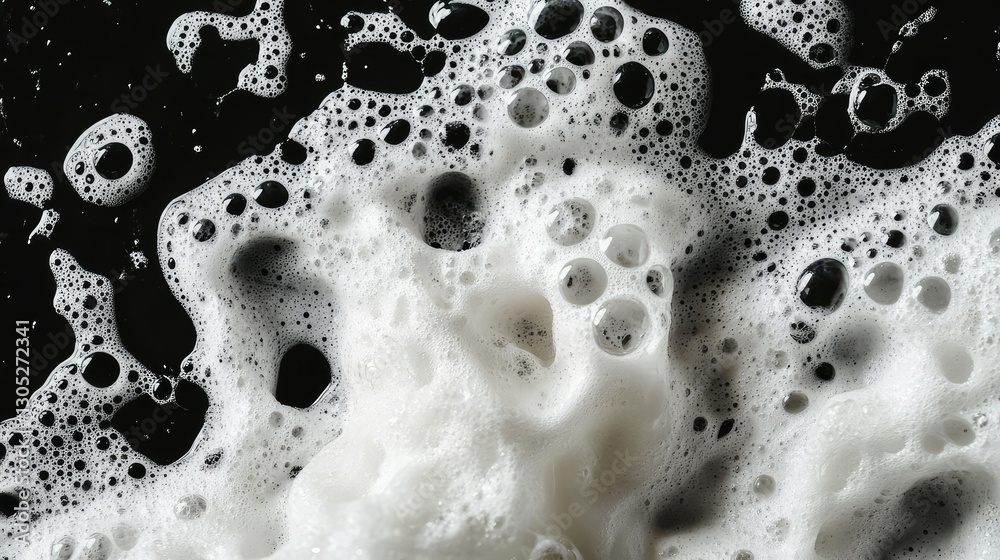 Poster close-up view of bubbles and foam on a black background, capturing the intricate patterns and textur